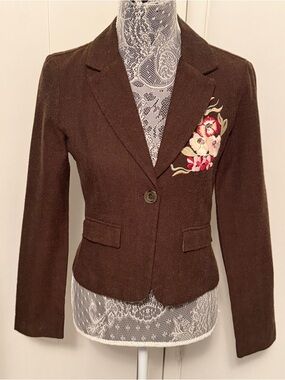 VTG Y2K FANG Brown Blazer Jacket Floral Embroidered Boho Cottagecore Small